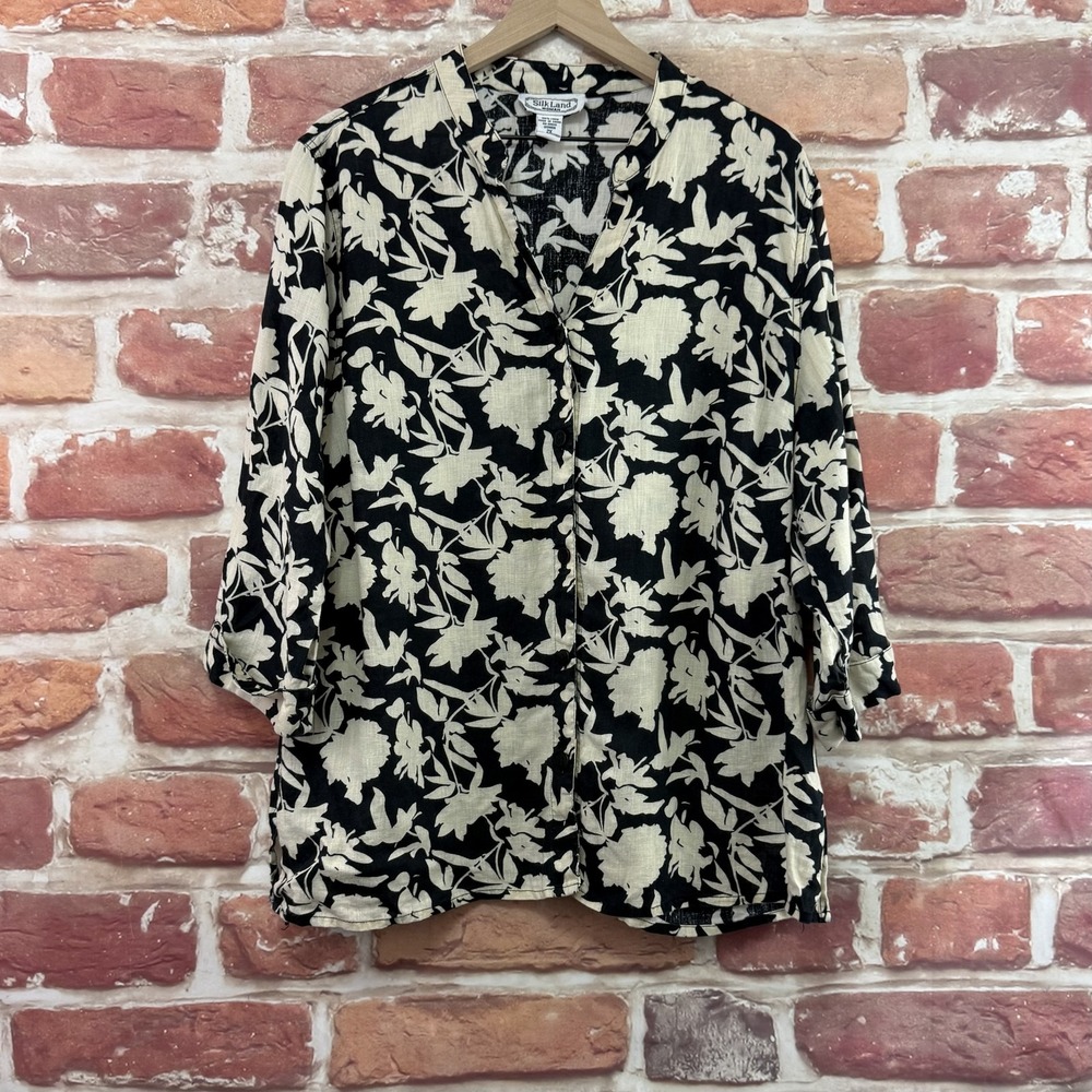 Vintage Silk Land Top Women's 2X Black Cream 100% Linen Shadow Floral Shirt